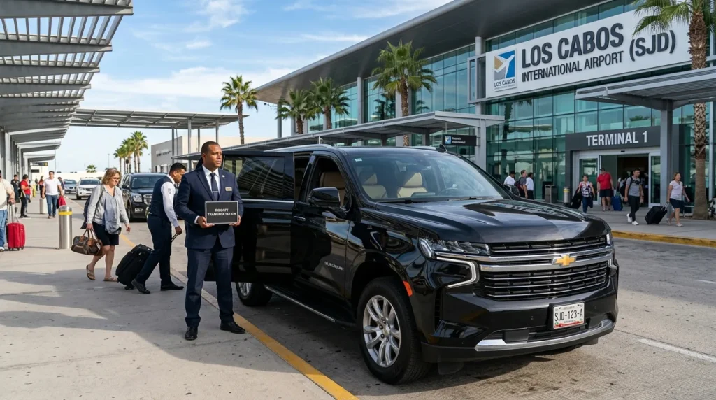 Luxury black SUV with a professional chauffeur waiting for airport transfers Los Cabos guide travelers at SJD Airport.