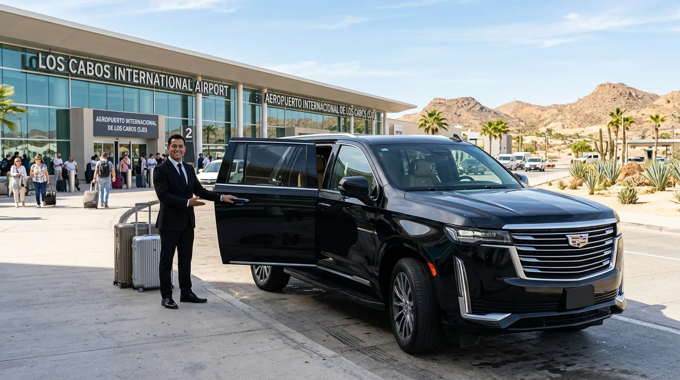 Professional chauffeur with a luxury SUV at SJD Airport, offering premium Cabo hotel transportation tips for arrivals.