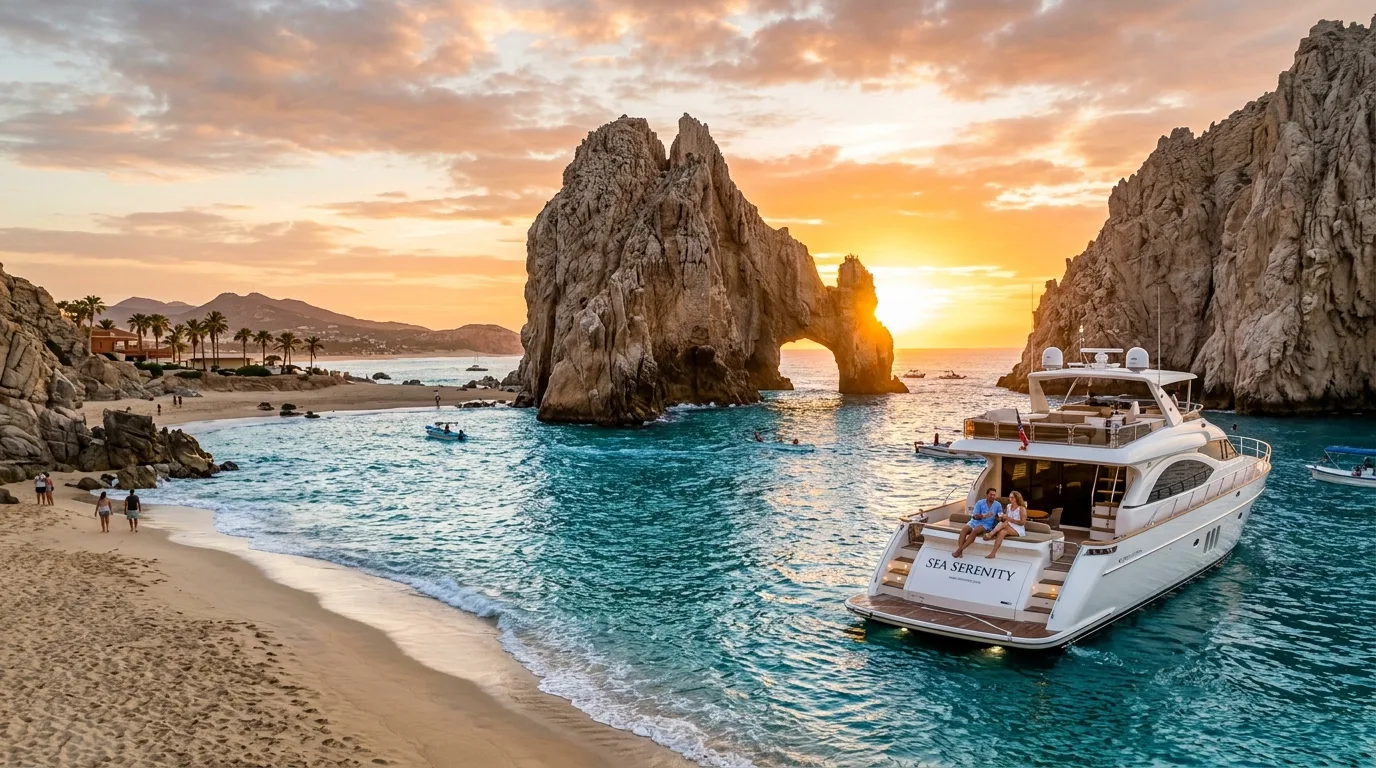 Iconic El Arco rock formation at Land's End, Cabo San Lucas, at sunset with a luxury yacht nearby, representing ultimate Cabo San Lucas vacation tips.