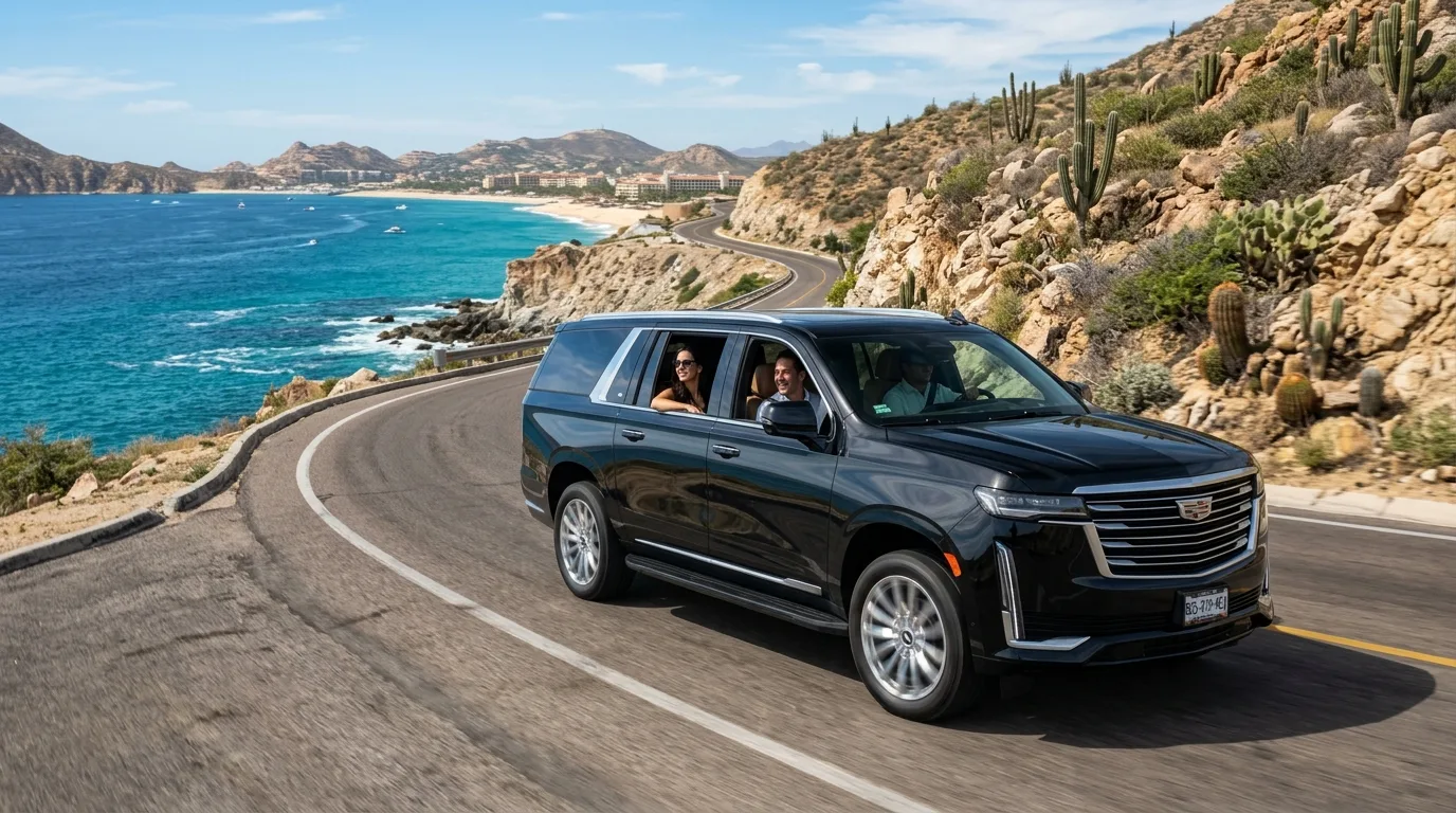 Luxury SUV transporting passengers along a scenic coastal road in Los Cabos, highlighting smooth travel for Cabo San Lucas vacation tips.
