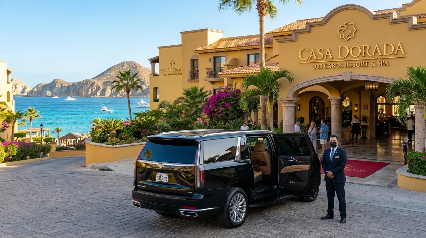 Luxury black SUV parked at Casa Dorada Los Cabos resort entrance