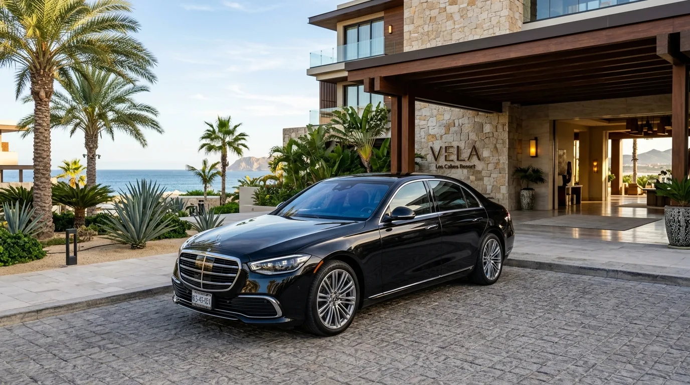 Luxury sedan parked outside a high-end resort in Los Cabos, symbolizing executive transportation Los Cabos