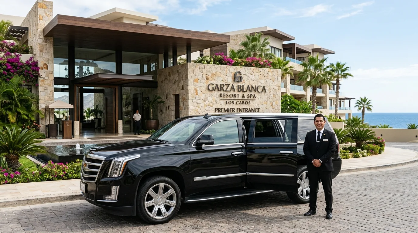 Luxury SUV transfer awaiting guests at Garza Blanca Resort & Spa Los Cabos entrance