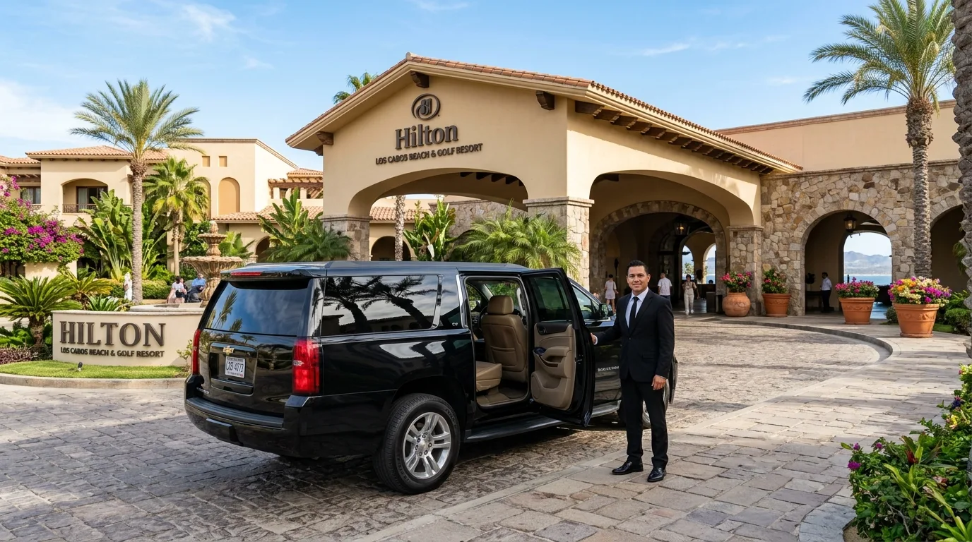 Luxury SUV parked at Hilton Los Cabos Beach & Golf Resort entrance with chauffeur