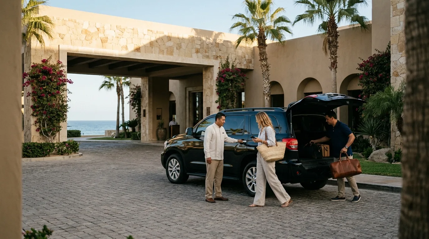 Professional chauffeur assisting with luggage at SJD Airport for Hilton Los Cabos transfer