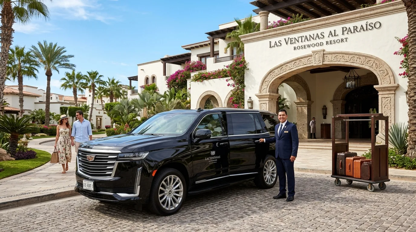 Luxury SUV at Las Ventanas al Paraiso entrance for private airport transfer