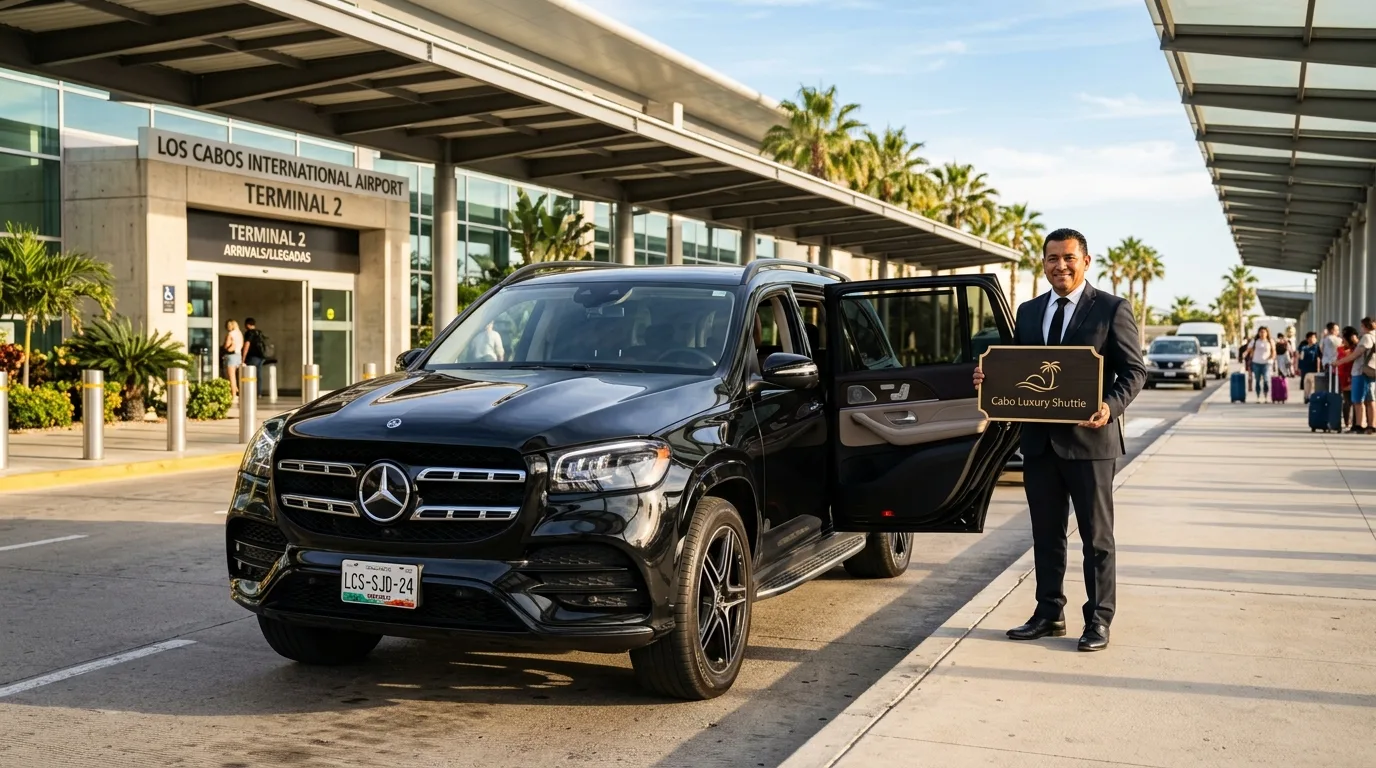 Luxury SUV and professional chauffeur at SJD Airport for Los Cabos arrival guide