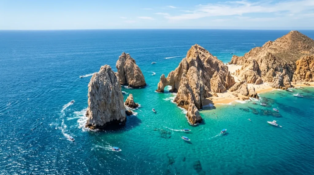 Stunning view of El Arco, the iconic rock formation at Land's End in Cabo San Lucas, Los Cabos, a highlight of any Los Cabos vacation guide.