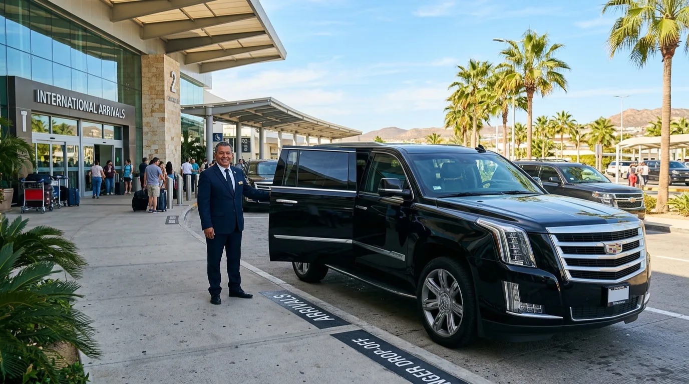 Professional chauffeur opening the door of a black luxury SUV at Los Cabos airport, providing luxury airport transportation Los Cabos.