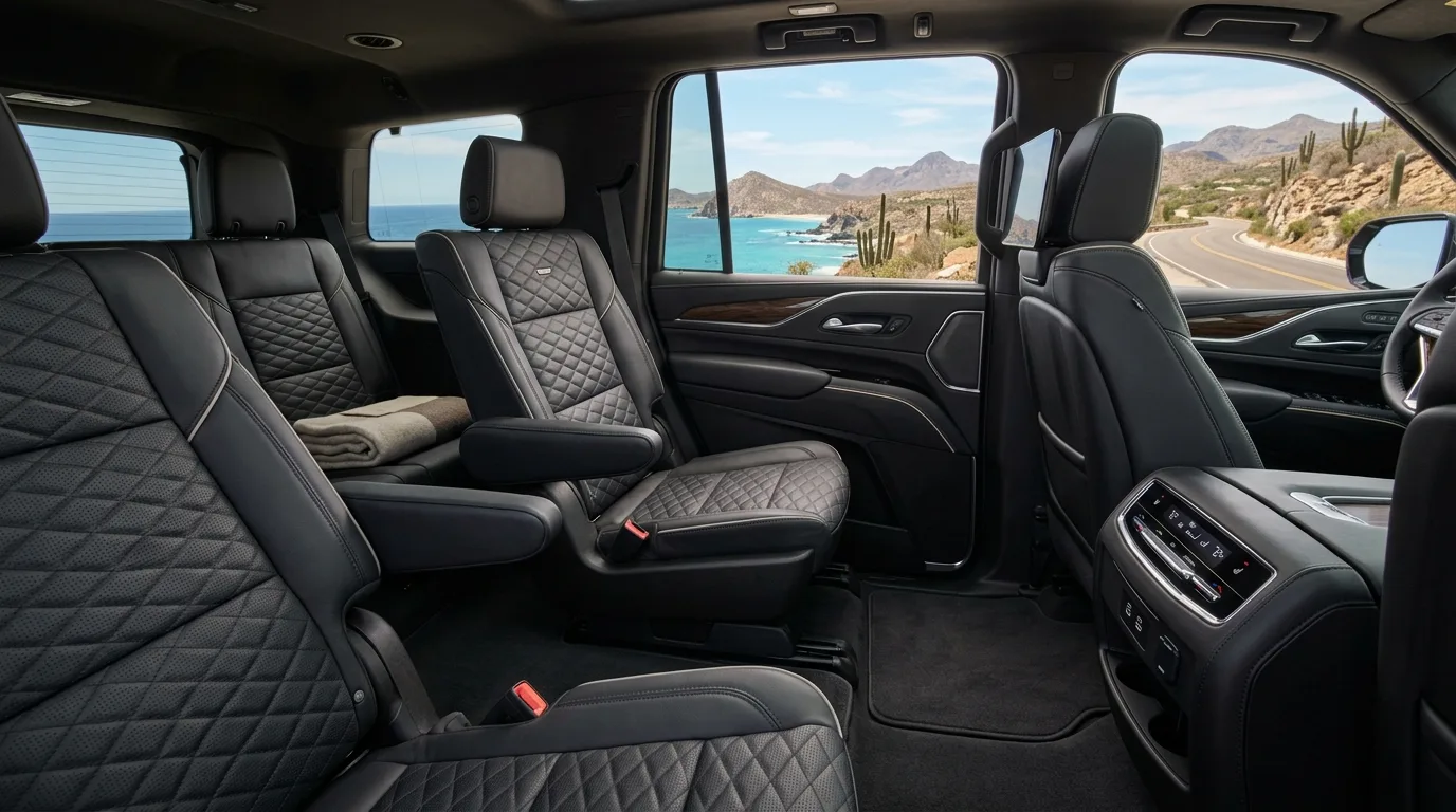 Spacious and luxurious interior of a premium SUV with comfortable leather seats and a view of the Los Cabos landscape.