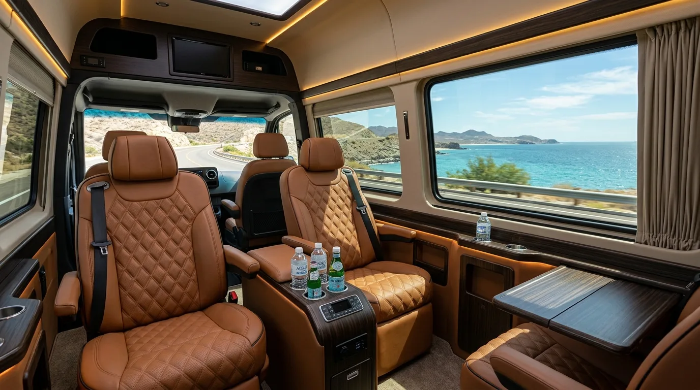 Spacious and elegant interior of a luxury executive van with Los Cabos coastal view