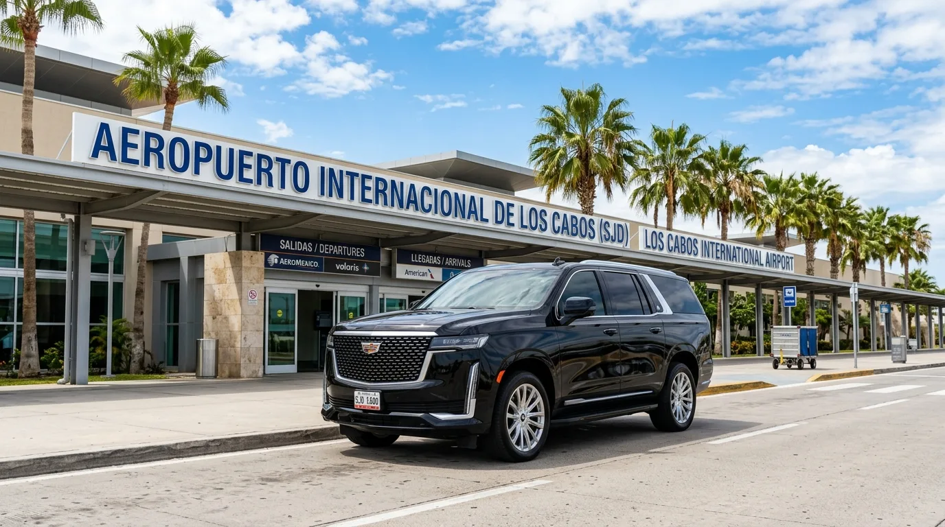 Luxury black SUV parked outside SJD Airport terminal for private airport transportation in Cabo San Lucas.