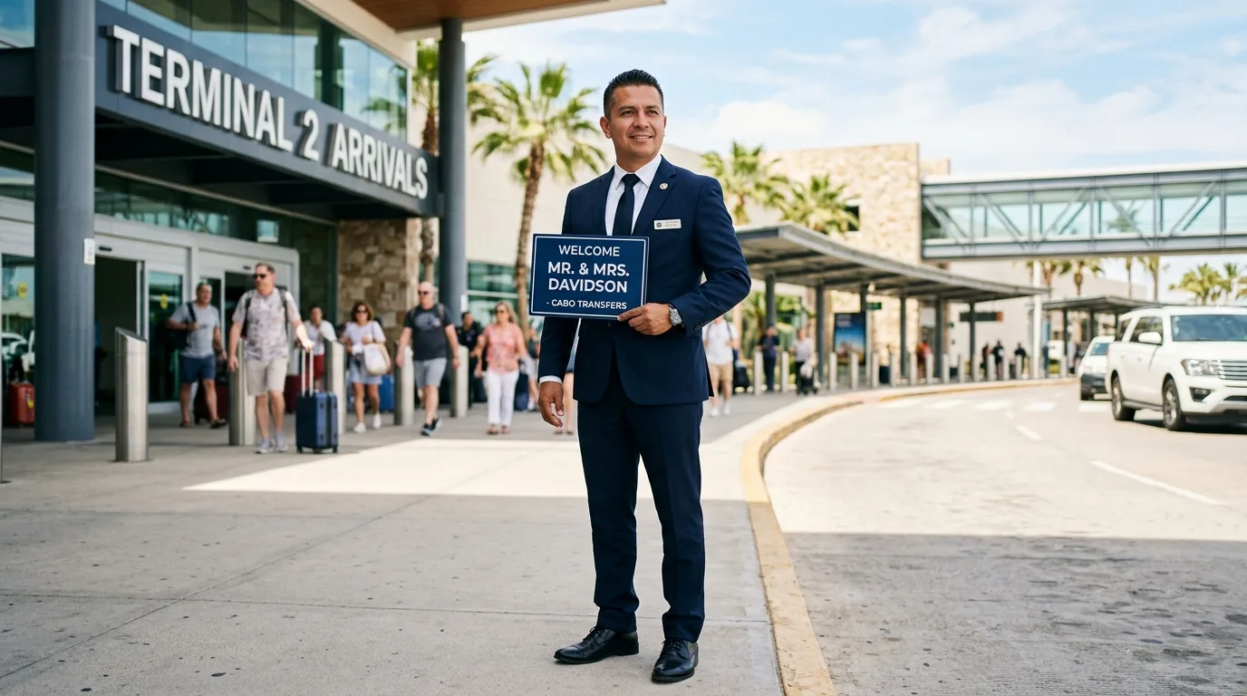 Professional chauffeur holding a passenger name sign outside SJD Airport for a private Cabo airport transfer.