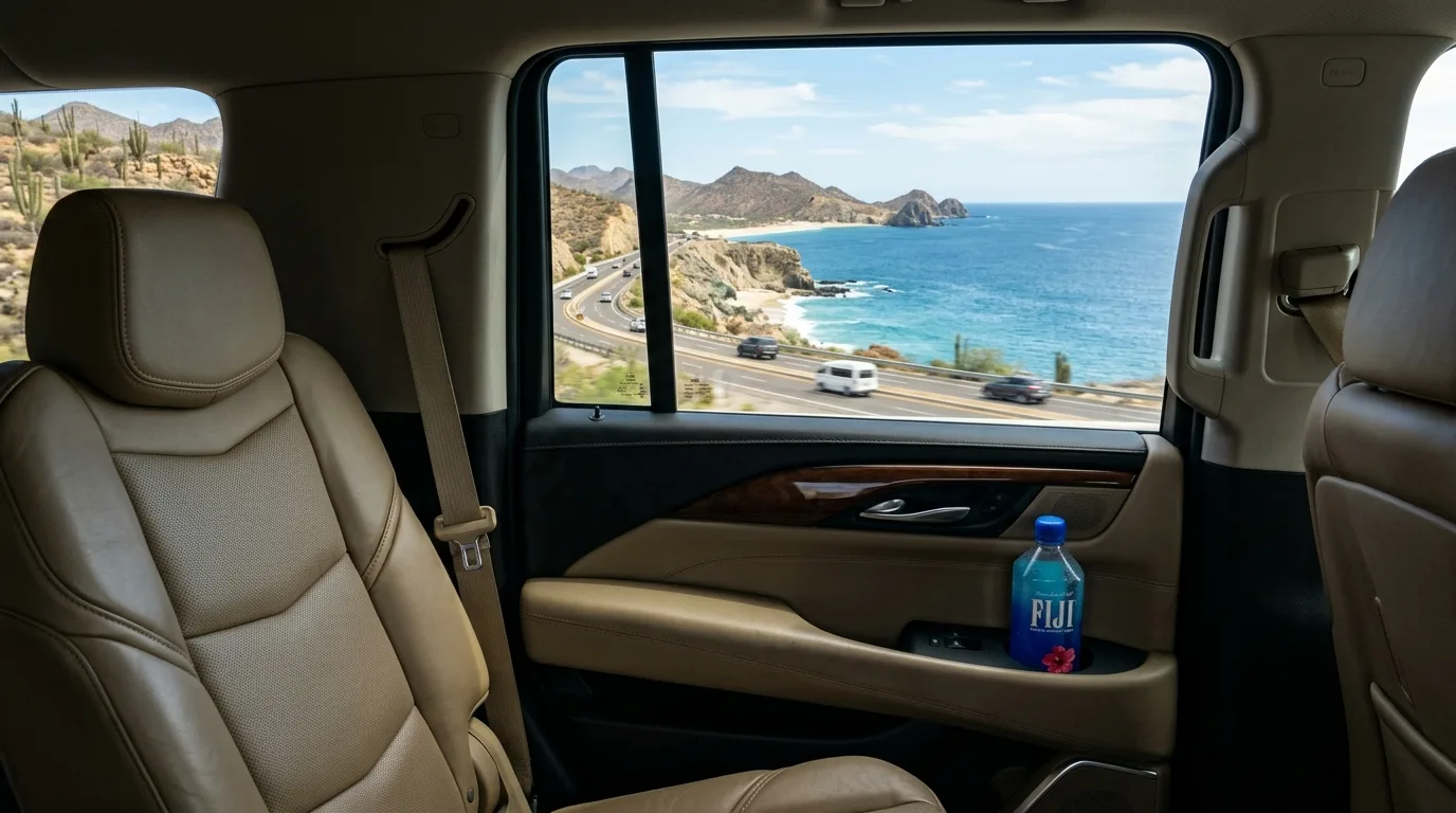 View from inside a luxury private shuttle, showing the scenic coastal drive in Los Cabos.