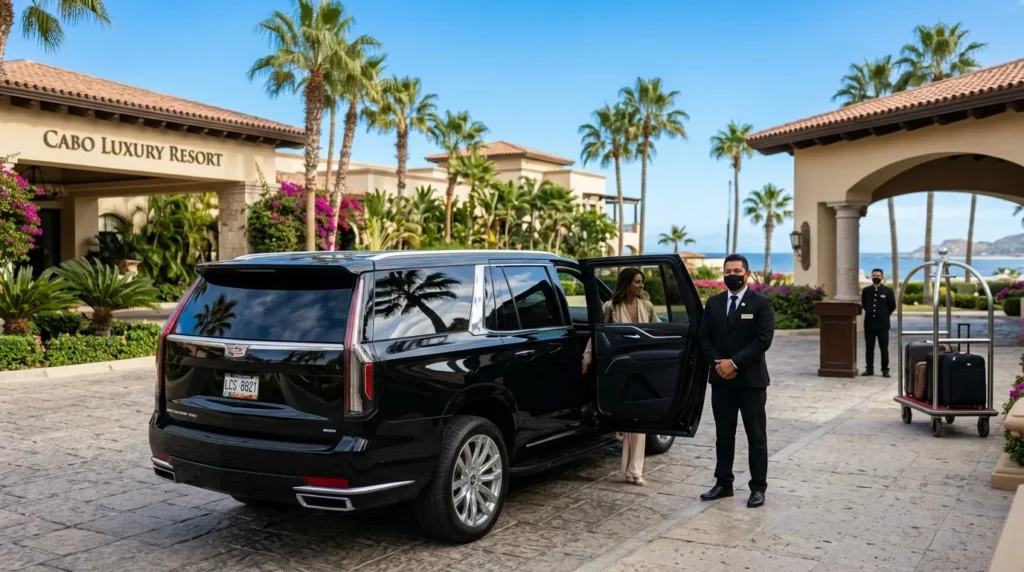 Luxury black SUV parked at a high-end resort entrance in Los Cabos, symbolizing premium private airport transportation.