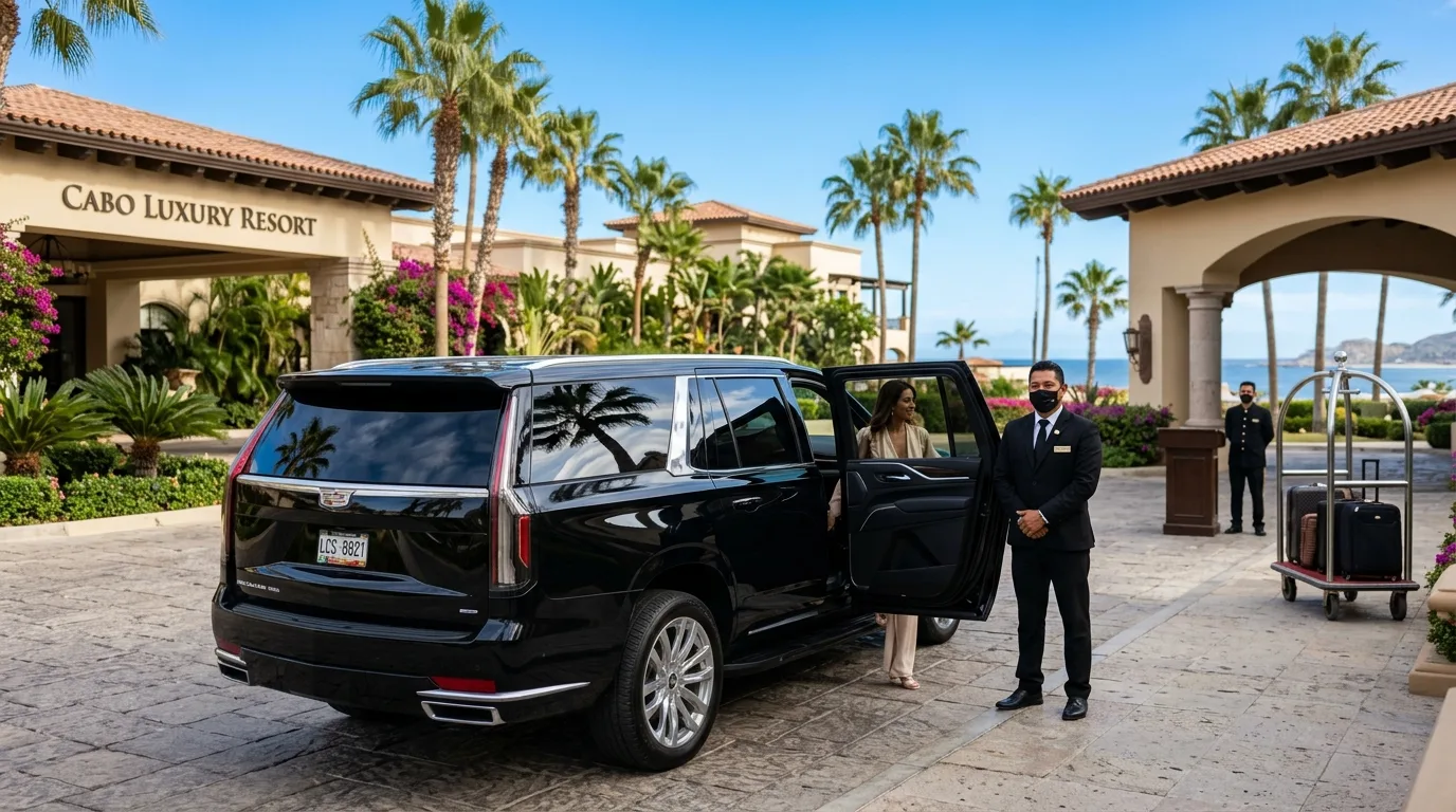 Luxury black SUV parked at a high-end resort entrance in Los Cabos, symbolizing premium private airport transportation.