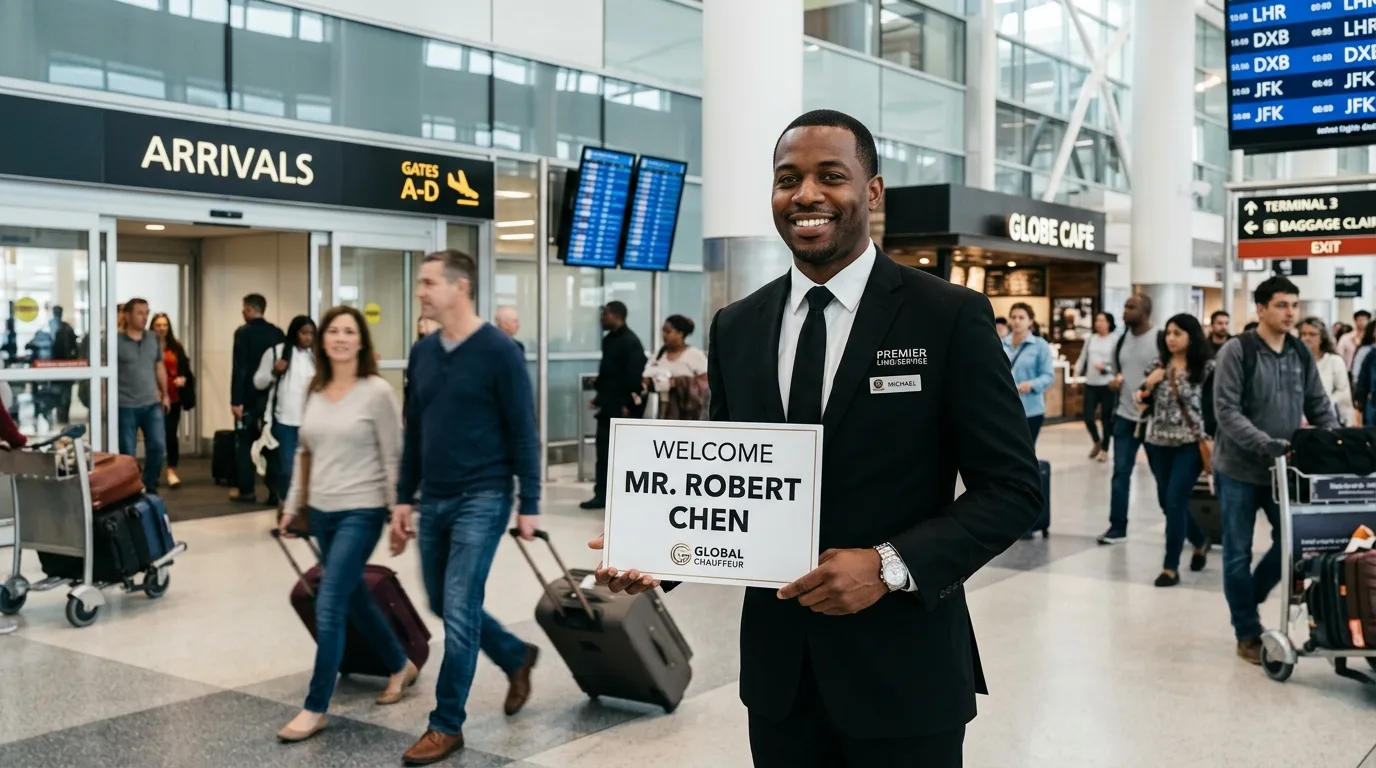 Professional chauffeur holding a passenger name sign at SJD Airport arrivals, ready to greet travelers for private transfers.