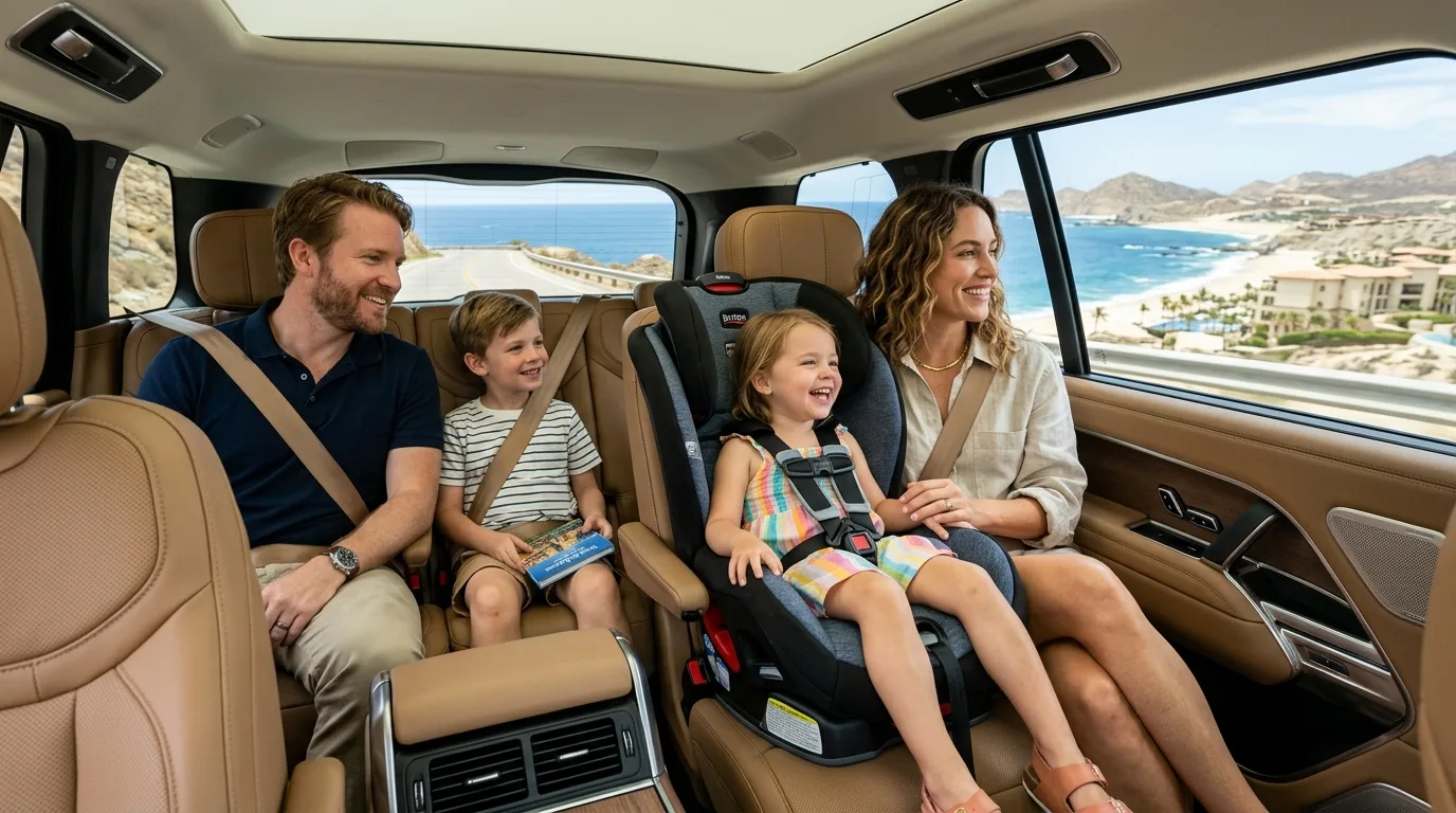 Family with children, including one in a car seat, enjoying a comfortable private transfer ride through Los Cabos.