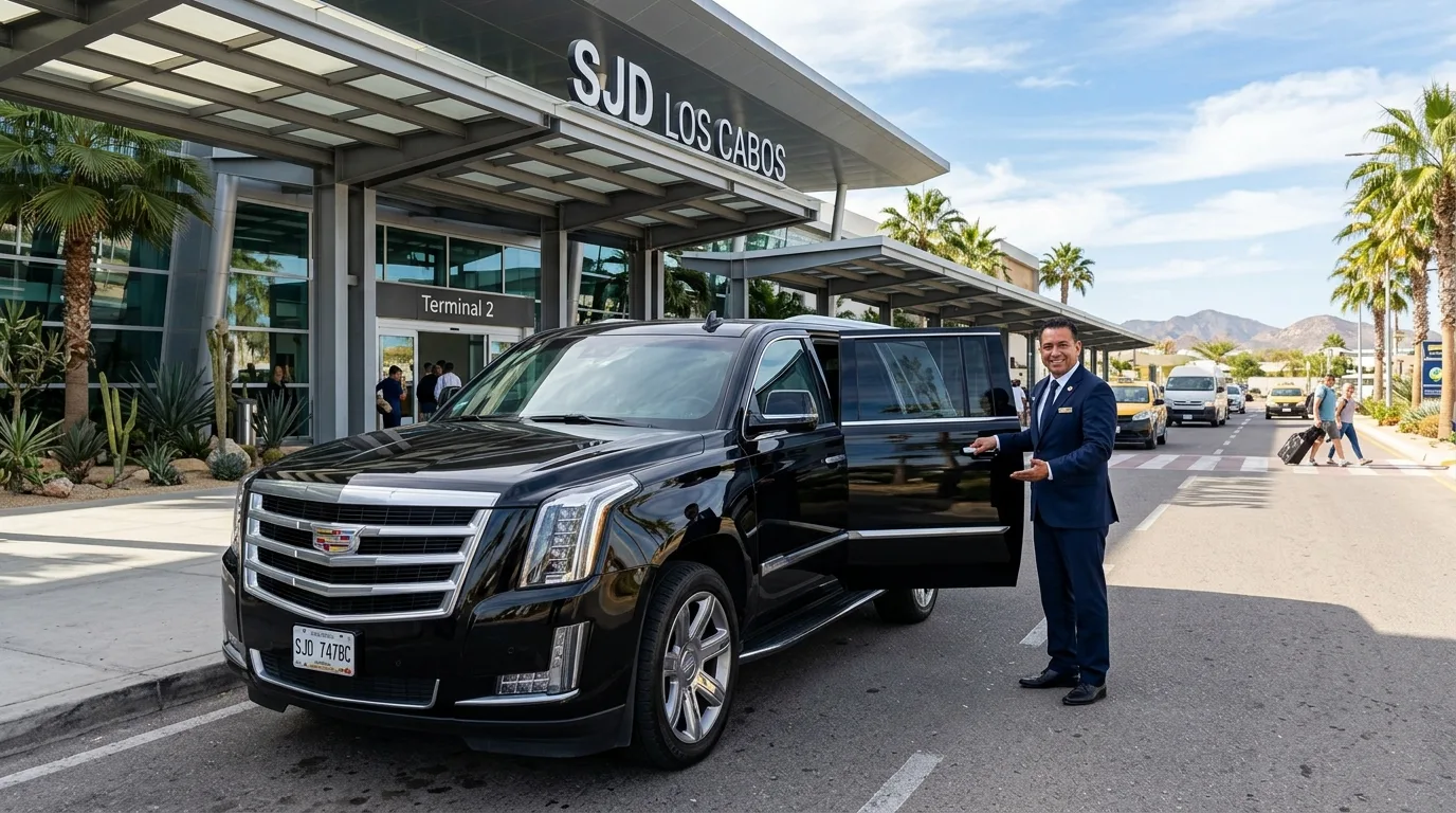 Luxury black SUV with a professional chauffeur waiting at SJD International Airport in Los Cabos for arriving passengers.