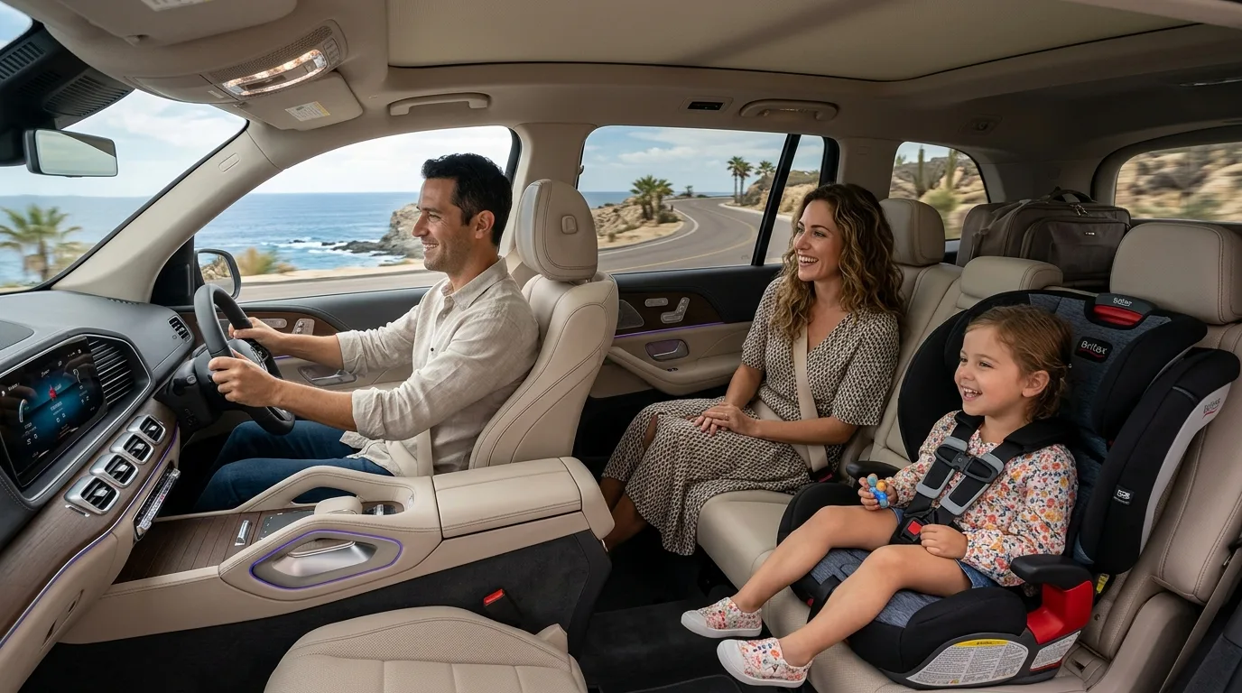 Family enjoying a comfortable private car service ride along the scenic Los Cabos coastline, with a child safety seat visible.