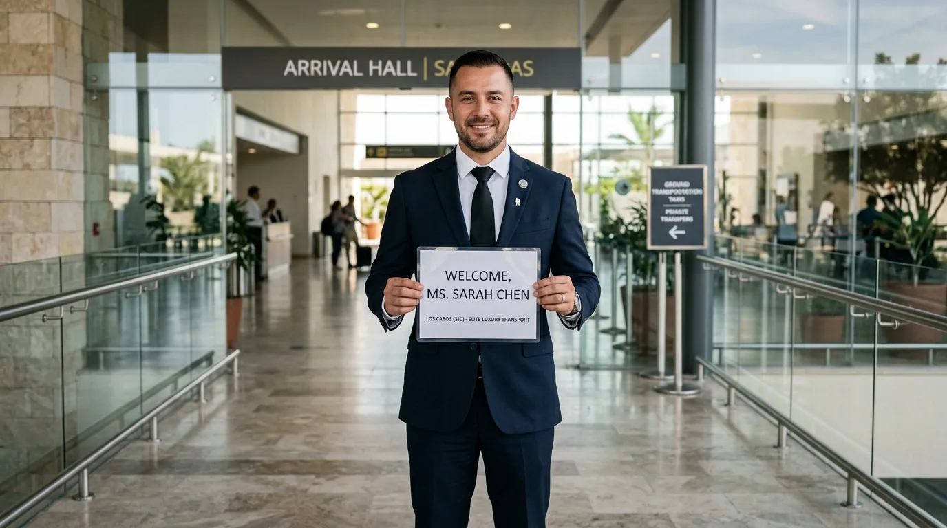 Professional chauffeur holding a personalized welcome sign, ready to greet arriving passengers at SJD Airport for a private transfer.