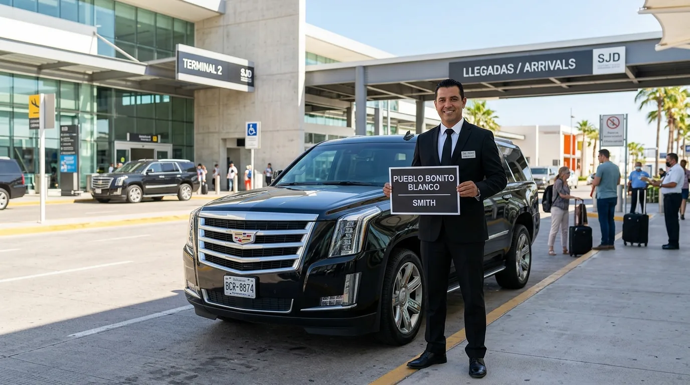 Professional chauffeur with a sign for Pueblo Bonito Blanco hotel transportation at SJD Airport.