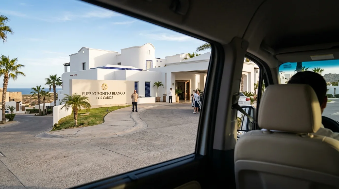 Luxury SUV parked at the entrance of Pueblo Bonito Blanco hotel in Cabo San Lucas.