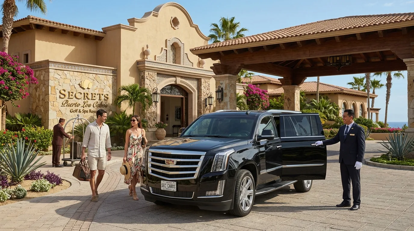 Luxury black SUV parked at Secrets Puerto Los Cabos resort entrance for private airport transfer.