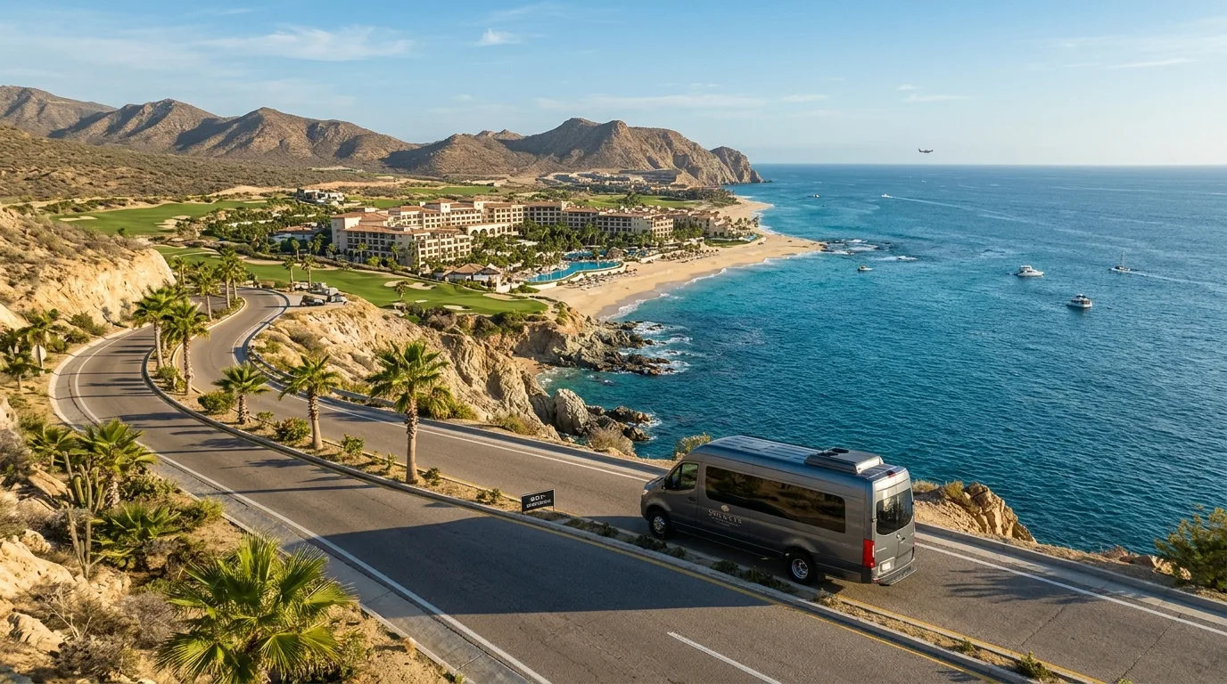 Spacious and comfortable interior of a private van for Los Cabos airport transfers.