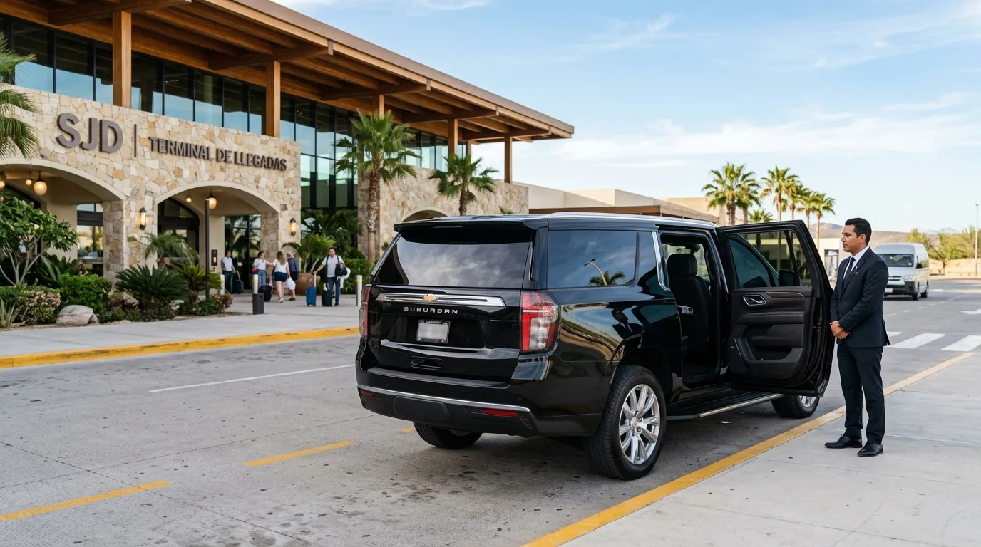 Luxury black SUV parked outside SJD Airport, ready for private SJD airport shuttle options.