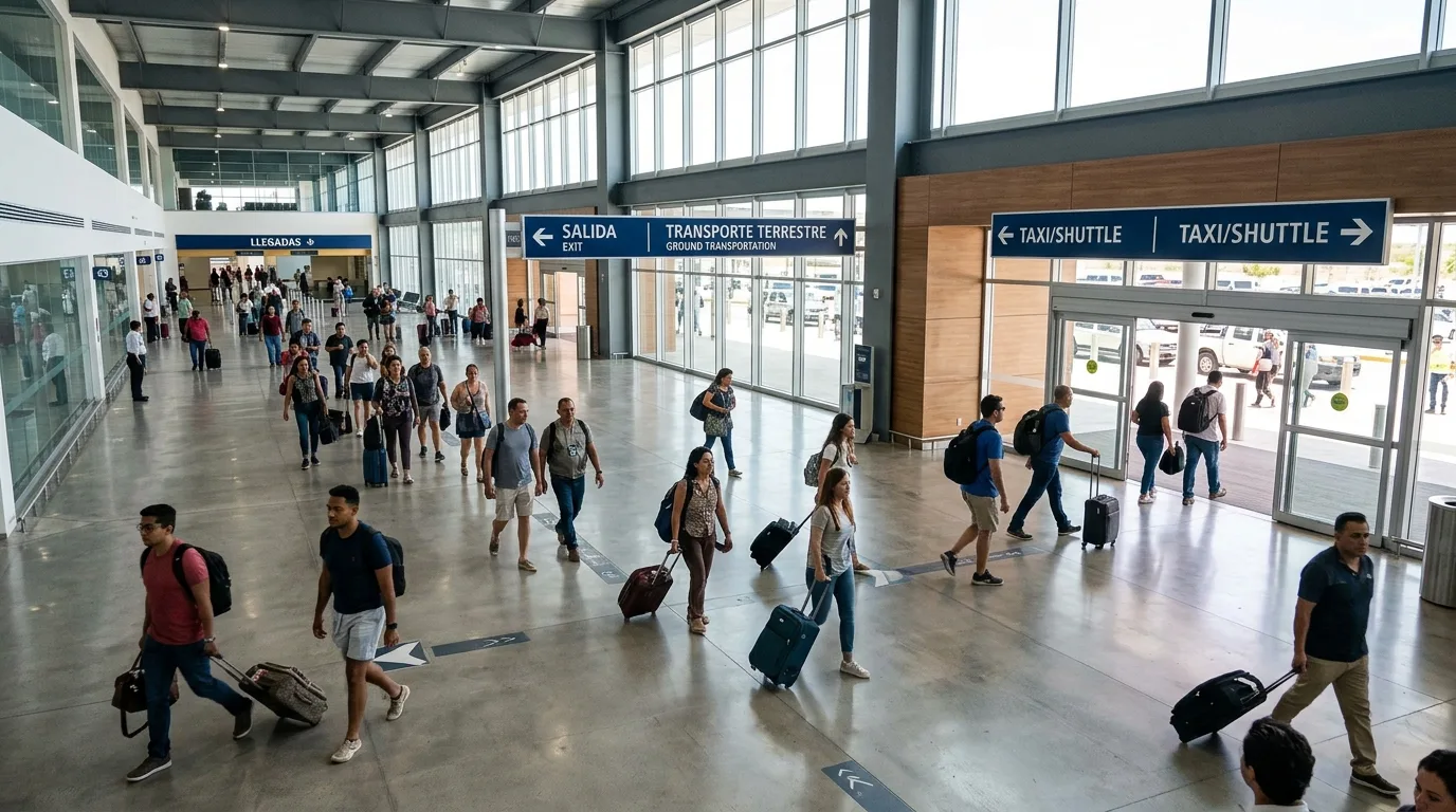 Travelers exiting SJD Airport arrivals hall, looking for SJD airport shuttle options.