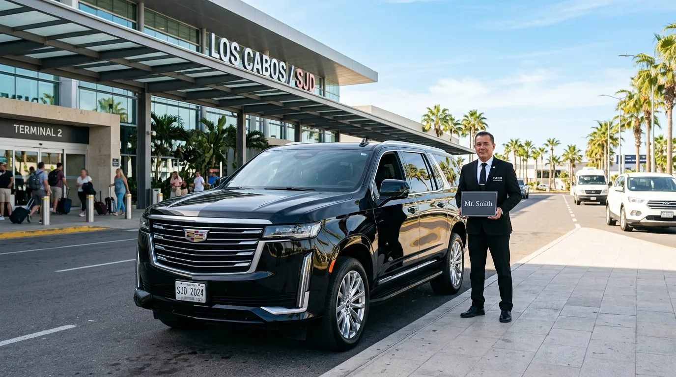 Luxury black SUV waiting for SJD airport transportation for business travelers