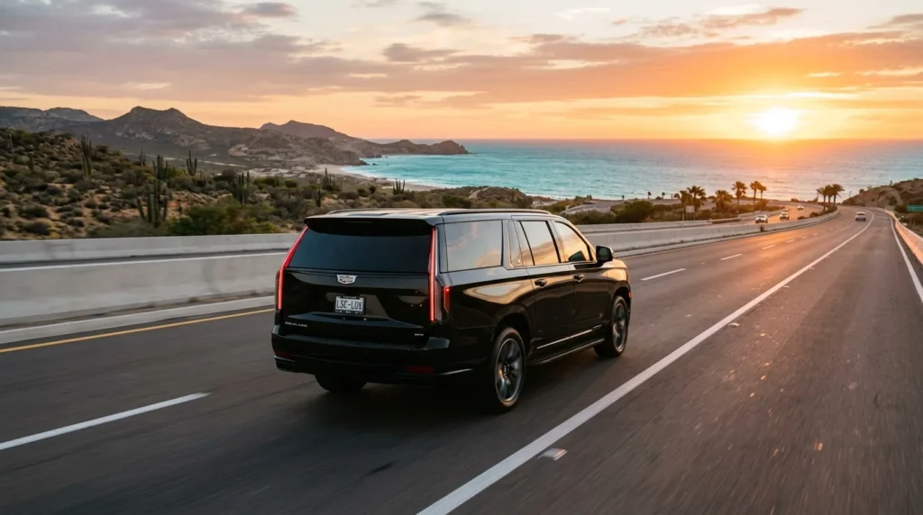 Luxury private SUV driving on a highway in Los Cabos at sunset, representing smooth SJD airport transportation for families.
