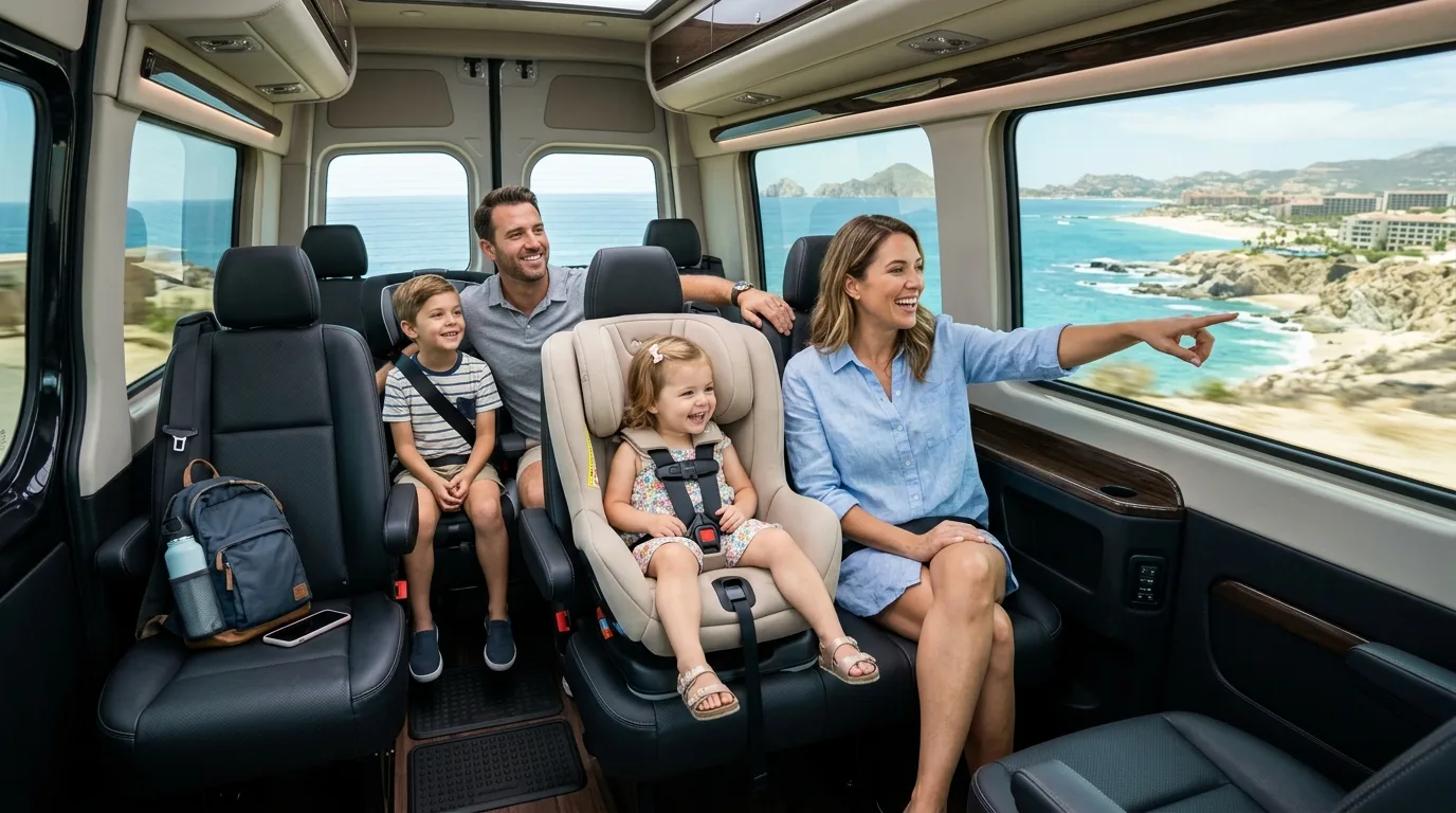 A happy family, including children in car seats, relaxing in a private transfer van during SJD airport transportation for families in Los Cabos.