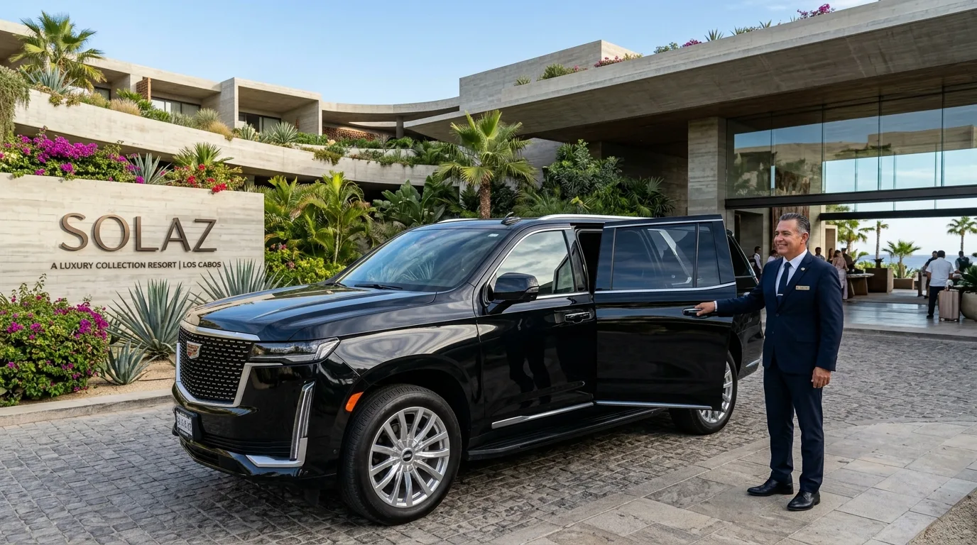 Luxury black SUV parked at the entrance of Solaz Los Cabos, with a chauffeur ready for private airport transfer
