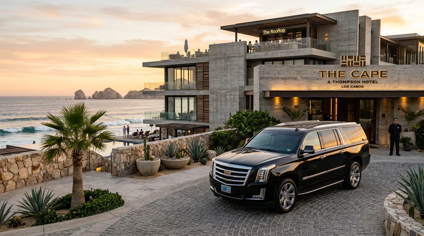 Luxury SUV parked at the entrance of The Cape Los Cabos hotel