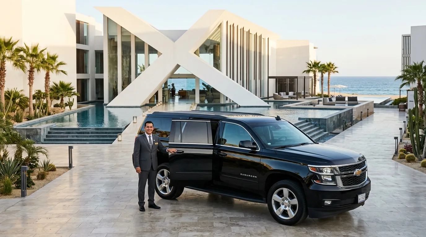 Luxury SUV parked at Viceroy Los Cabos hotel entrance for private airport transfer