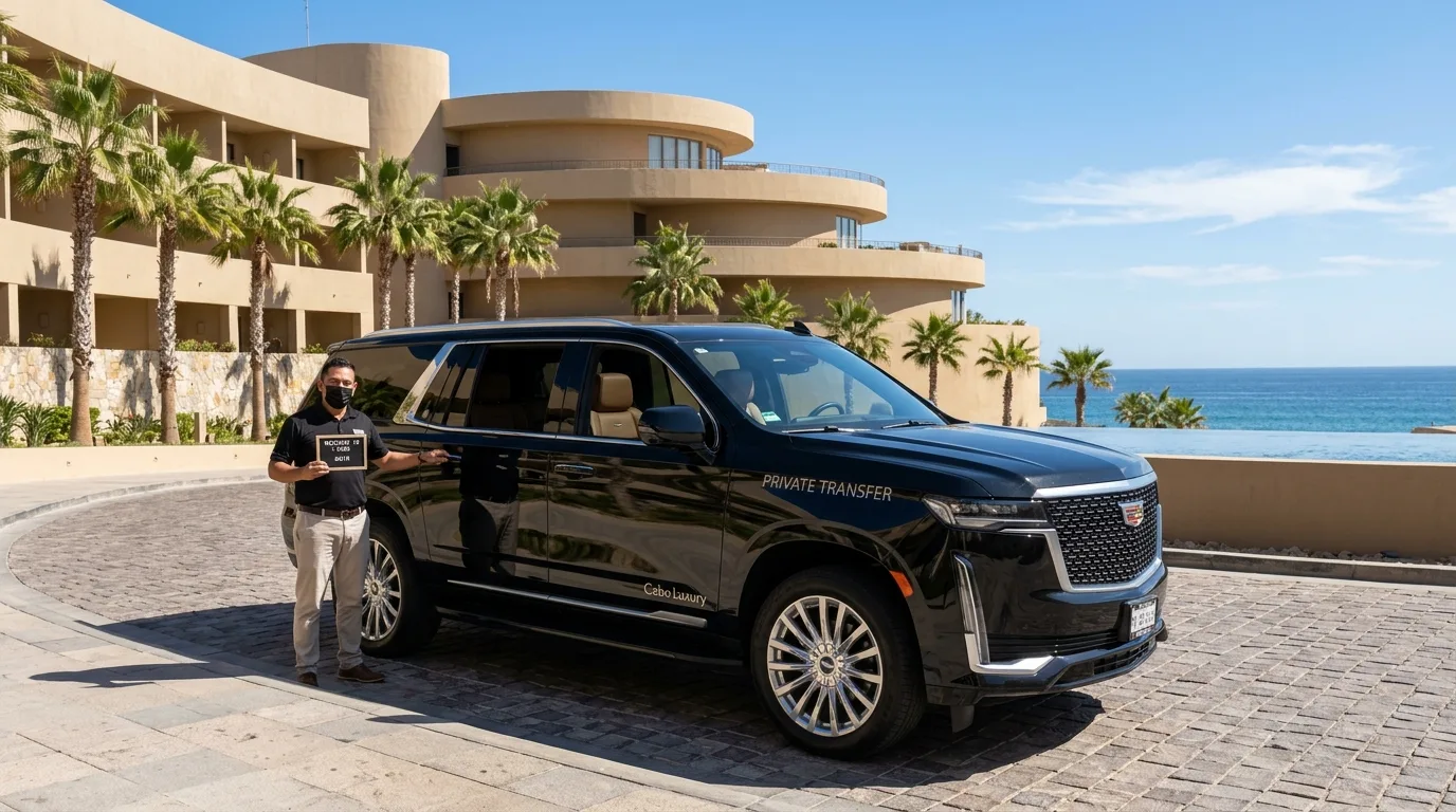 Luxury black SUV parked at the entrance of Westin Los Cabos Resort & Spa, ready for private transfer.